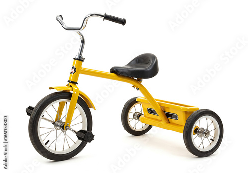 Yellow Children’s Tricycle with Black Seat and Rear Storage Tray