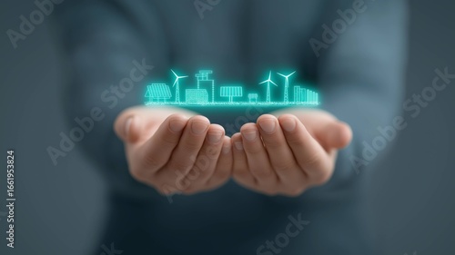 Protecting the Earth's Essence: A person tenderly cradles a vibrant, glowing illustration of an eco-friendly city in their hands, symbolizing care for the environment and sustainability.