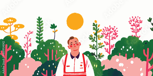 A cheerful garden worker stands amidst a vibrant garden, basking in the sun, captured in a photorealistic illustration. A harmonious blend of nature and human connection.