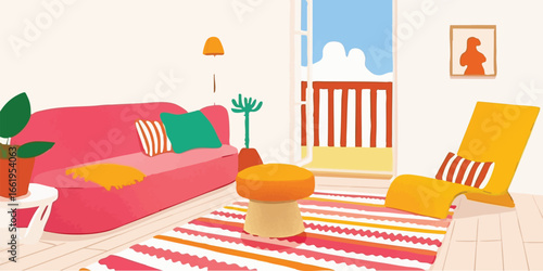 A stylized, bright, inviting living room. Clean lines and playful use of color define a relaxing, modern interior space.