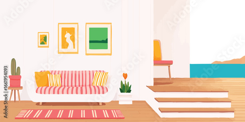 A colorful illustration depicts a cozy living room interior, complete with a sofa, artwork, plants, and a view of the beach. The inviting space is a perfect blend of comfort and style.