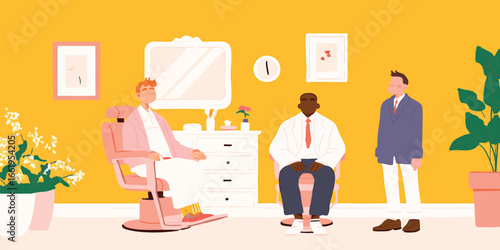 A barbershop scene with people interacting, creating a cheerful atmosphere, and highlighting the theme of grooming and style.