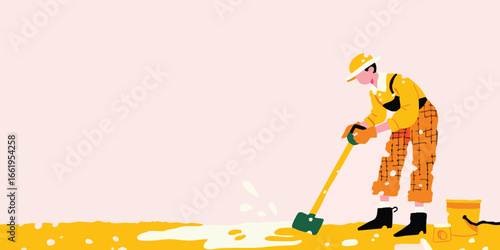 A determined construction worker, with a modern, flat style illustration, concentrates on his task, showcasing the essence of industriousness and meticulous execution.