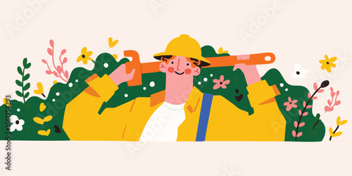 An illustration depicts a construction worker holding a large wrench, against a background of blooming flowers and foliage, celebrating nature's beauty.