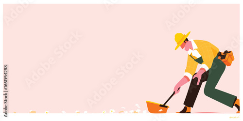 A hardworking groundskeeper diligently sweeps away debris. The artwork's use of simplified forms creates a sense of order and purpose in a clean and uncluttered environment.