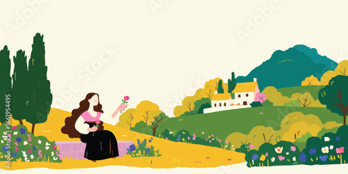 An idyllic landscape with a woman enjoying a sunny day in the countryside, a picturesque scene of nature and tranquility.