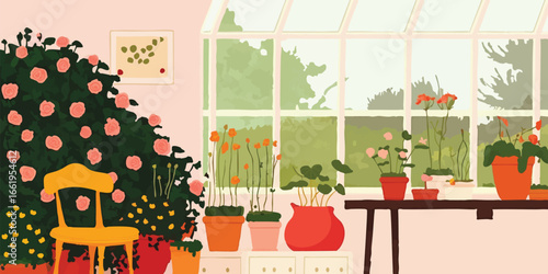 A vibrant illustration showcasing the interior of a bright greenhouse filled with a variety of blossoming plants, all basking in the warmth of natural light.