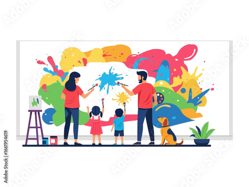 Family Art Creation: Witness a loving family, including two kids and a loyal dog, engrossed in a vibrant artistic project. They are painting together on a large canvas.