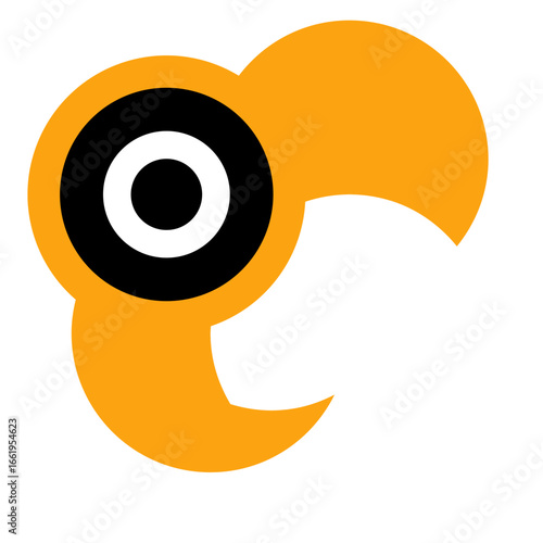 An abstract logo featuring two stylized, crescent-shaped forms in orange, resembling a circular saw blade. A large, black circle with a white concentric circle and a smaller black dot inside is embedd