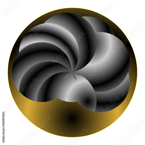 A spherical design with a 3D effect, featuring a series of overlapping, curved layers. The layers create an optical illusion of depth and movement within the sphere. The color gradient transitions fro