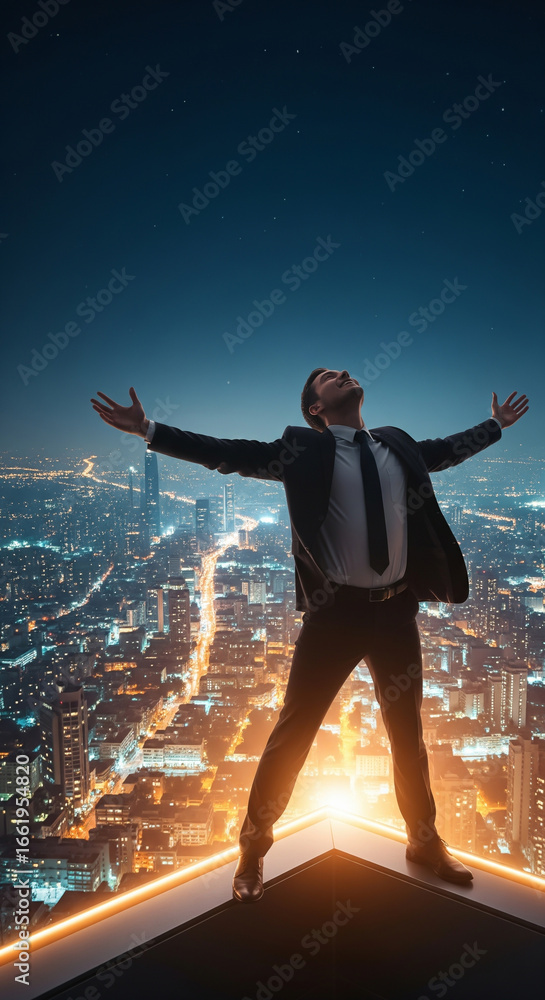 Fototapeta premium Confident businessman standing over glowing cityscape. A man in suit raising arms proudly above illuminated city skyline.