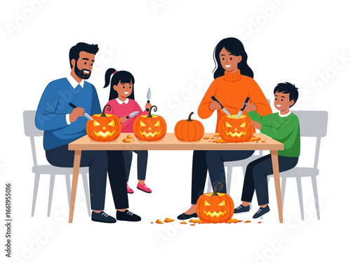 Family Halloween carving: A joyful family comes together, diligently carving intricate designs into vibrant pumpkins on a crisp autumn day, creating a heartwarming scene of seasonal fun.