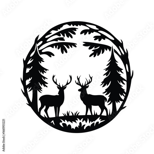 Silhouette Illustration of Two Deer in a Forest Circle Design Element