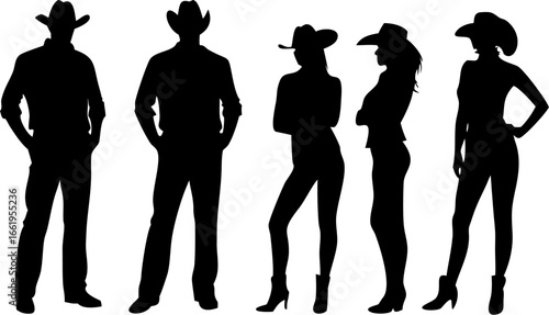 Silhouettes of cowboys and cowgirls standing isolated on white background