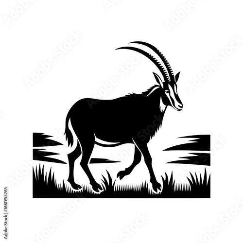 Black and white silhouette of a majestic sable antelope in grass