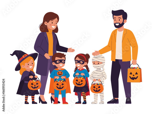 Halloween Family Celebration: A vibrant illustration capturing the magic of Halloween, showcasing a family dressed in whimsical costumes, ready to embark on trick-or-treating.