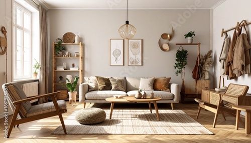 Professional interior photograph of a Scandinavian-style living room with minimalist furniture and decor. The composition must be wide enough to include the sofa, coffee table, and key decorative elem