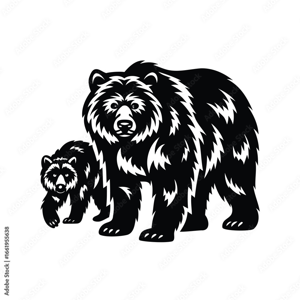 Obraz premium Monochrome depiction of a mother bear with her cub in bold illustration