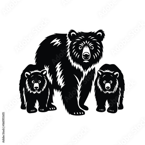 Protective mother bear with two cubs, shown in a graphic design