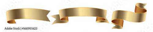 Three banners with golden award ribbons for text. Blank template of golden ribbons collection. Collection of different blank golden ribbons and label designs. Vector of different shapes.