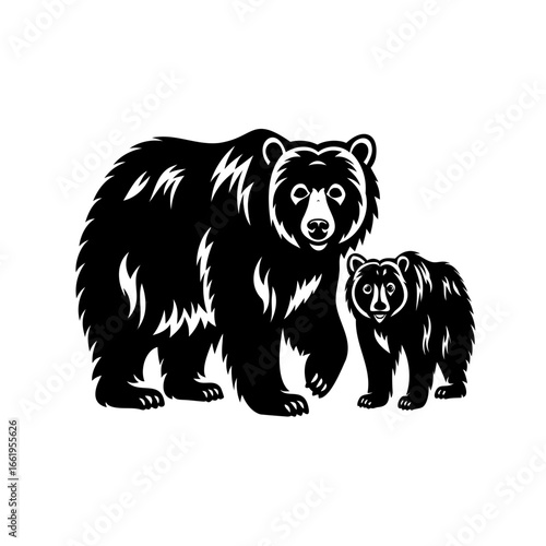 A Black and White Graphic Illustration of a Mother Bear and Cub