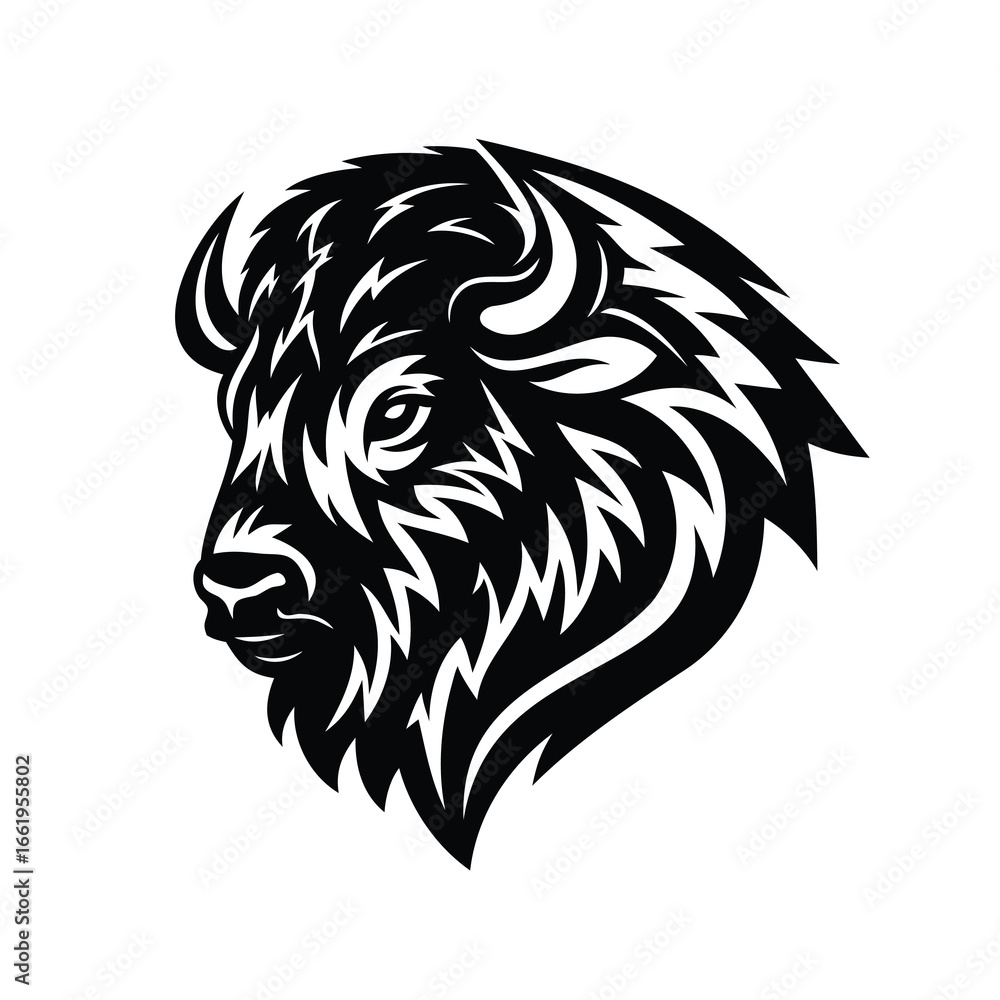 Obraz premium Graphic black and white bison head with intricate fur and horn patterns