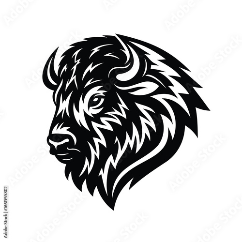 Graphic black and white bison head with intricate fur and horn patterns