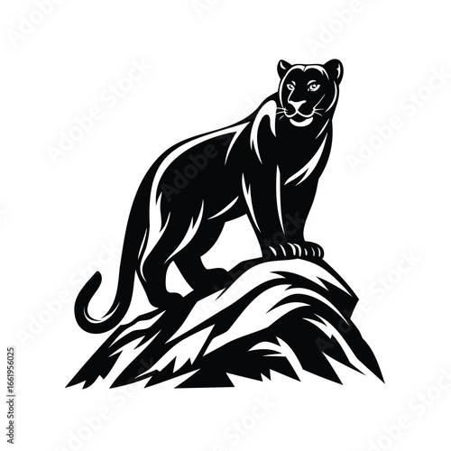 Black panther standing proudly atop a rocky outcrop in silhouette art style