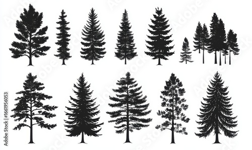 The silhouettes of fir trees are set against a background of horizontal coniferous spruce patterns, depicted in a modern black evergreen woods illustration