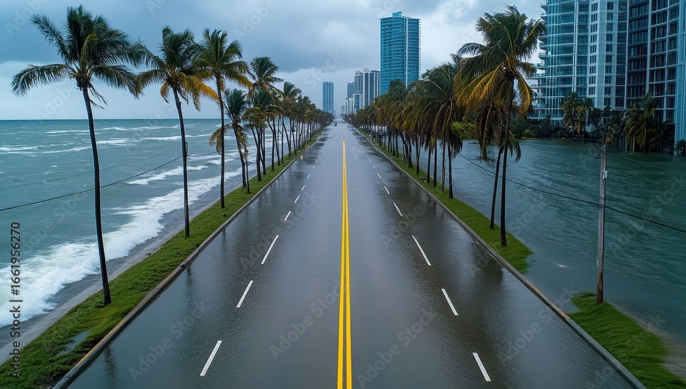Obraz premium Flooded coastal road during a hurricane, palm trees lining the street, ocean waves crashing on shore, high-rise buildings in the background