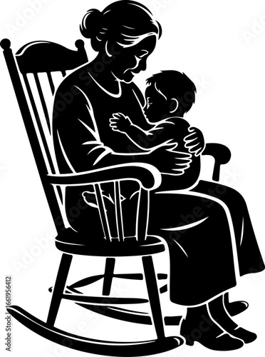 A sweet, emotional scene of a grandmother gently rocking her grandchild in a wooden rocking chair