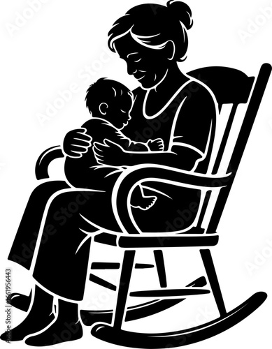 A sweet, emotional scene of a grandmother gently rocking her grandchild in a wooden rocking chair