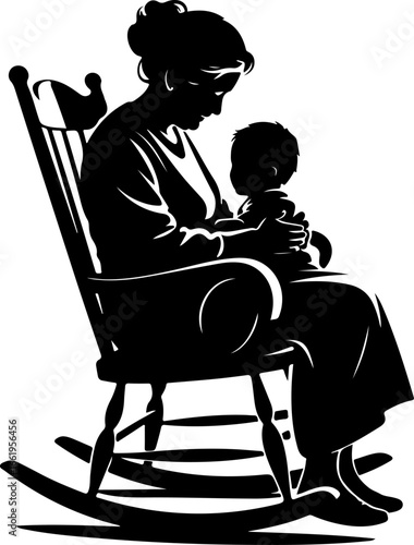 A sweet, emotional scene of a grandmother gently rocking her grandchild in a wooden rocking chair