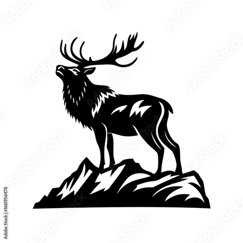 Majestic Elk Standing Atop Mountain Silhouette Graphic Design Illustration
