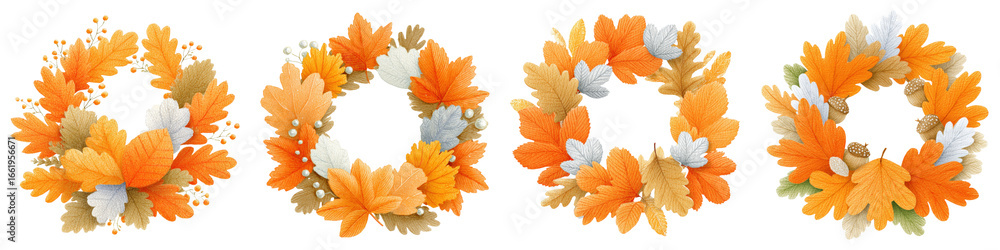 Obraz premium Kids thanksgiving clipart set watercolor, Four circular wreaths crafted from vibrant autumn leaves and delicate flowers, showcasing shades of orange, yellow, and white.