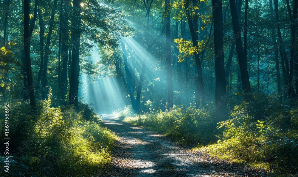 Naklejka premium On a sunny day, the sun shines through the trees in the forest with the help of generative AI