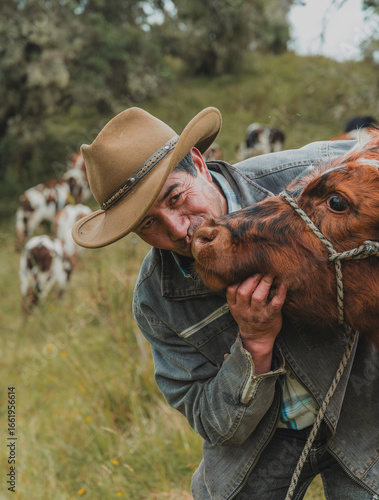 Hombre de mediana edad organizando sus vacas en la finca de Toquilla, Boyacá