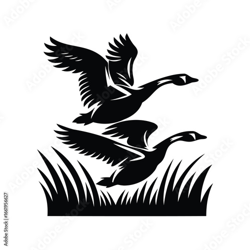 Two geese taking flight from grassy patch depicted in silhouette artwork