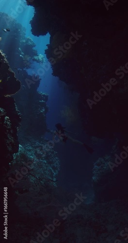 Wallpaper Mural Woman freediver swims underwater in deep ocean cave with rocks, freediving under coral reef Torontodigital.ca