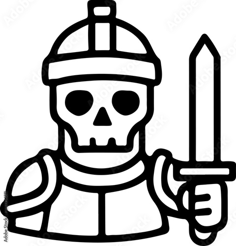  a stylized skull wearing a helmet and holding a sword.