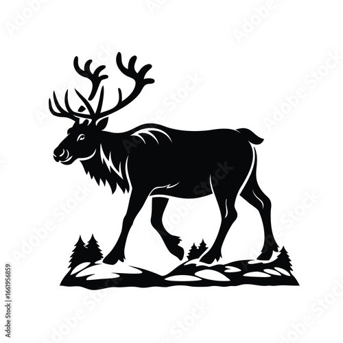 Black Silhouette of a Noble Reindeer with Antlers Walking in a Forest