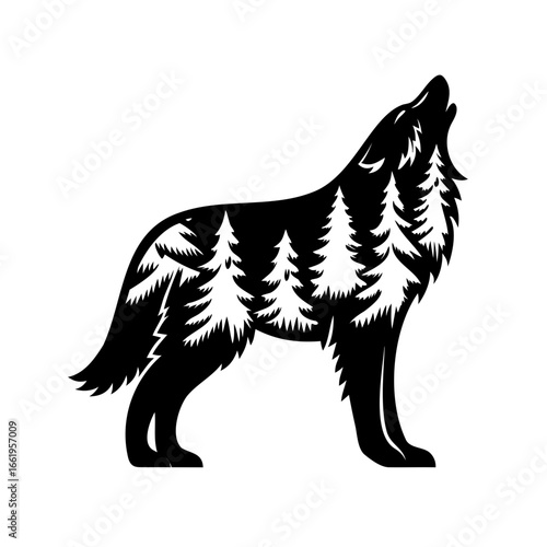 A stylized wolf silhouette containing forest trees, howling at the moon with power