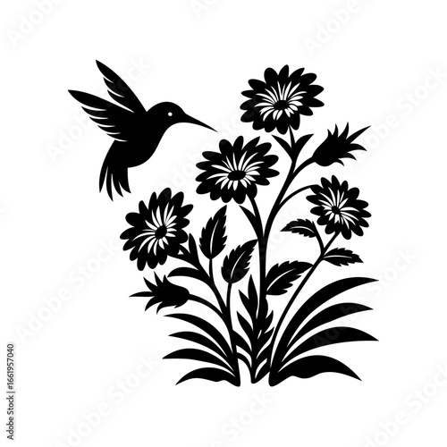 Hummingbird visiting black silhouette flowers on a white background floral design