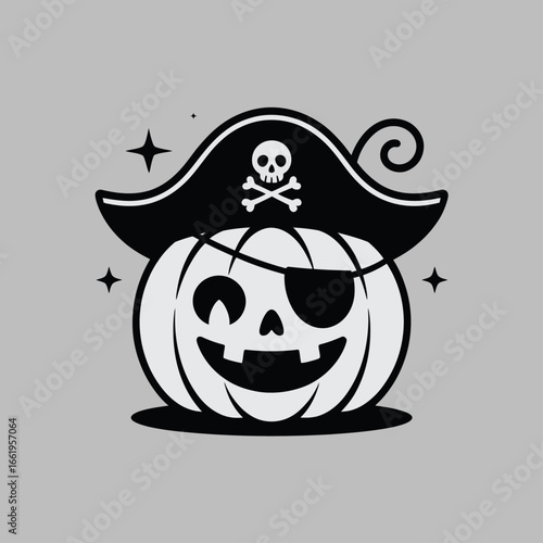 Halloweenthemed image of a festive pumpkin in a pirate hat with a skull. Perfect for halloween party invitations, decorations, and products.
