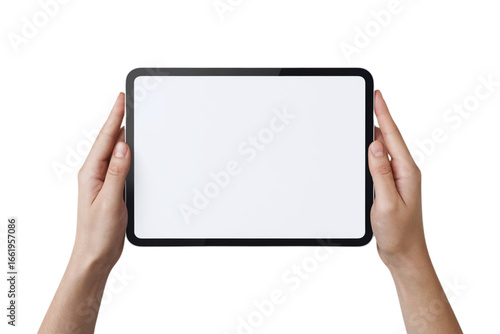 Hands holding modern tablet with blank screen perfect for website mockups and app presentations