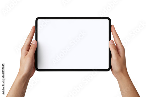 Hands holding blank tablet screen perfect for mockup display advertising and digital content.