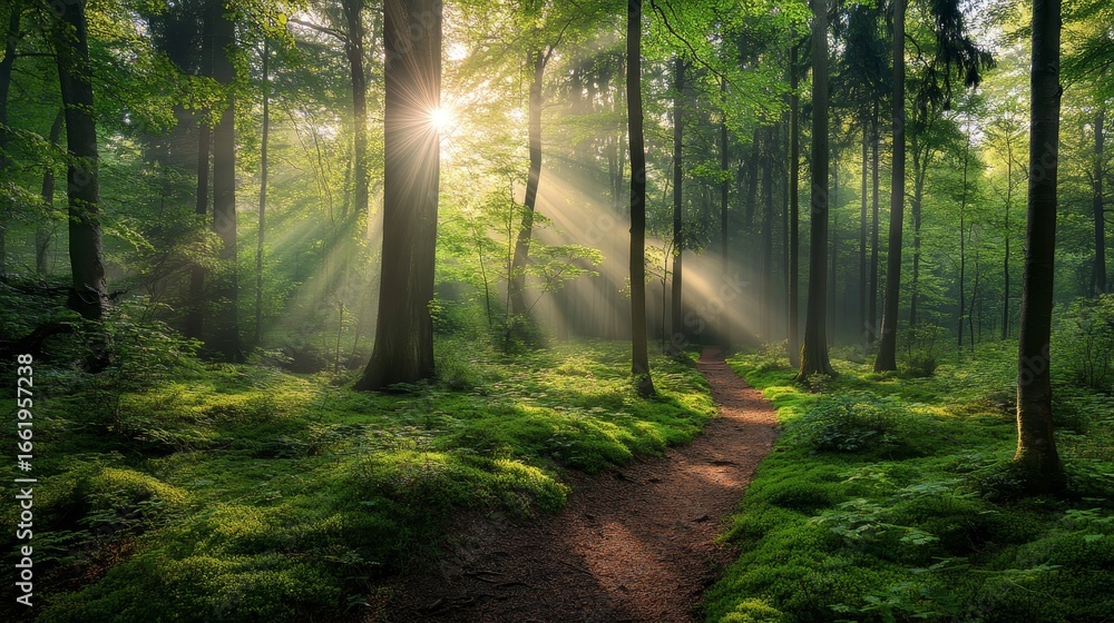 Obraz premium The forest is particularly beautiful in spring when the bright sunlight filters through the trees