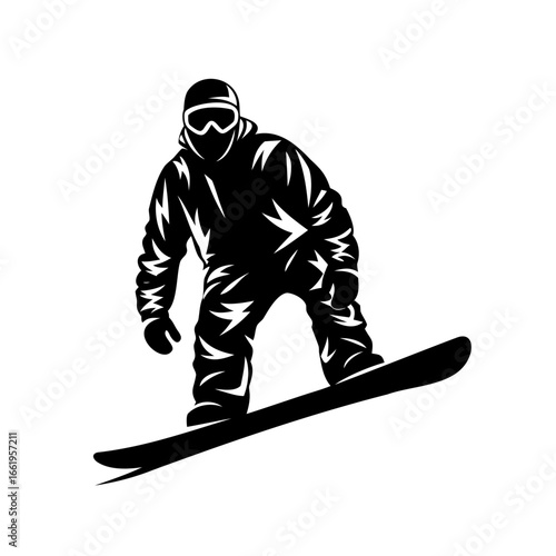 Silhouette of snowboarder in full gear gliding downhill in snow sports action