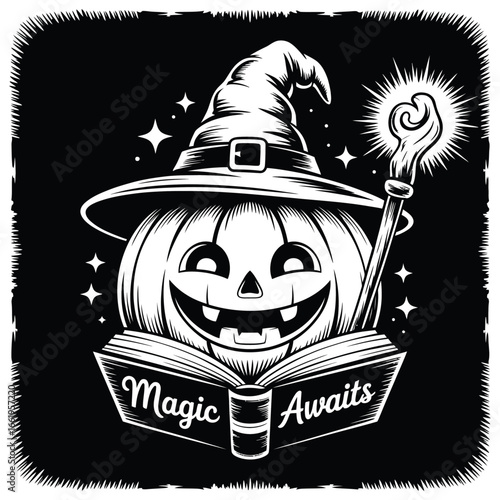 Jackolantern witch casting spells from book with wand for halloween designs, posters, invitations, and social media graphics.