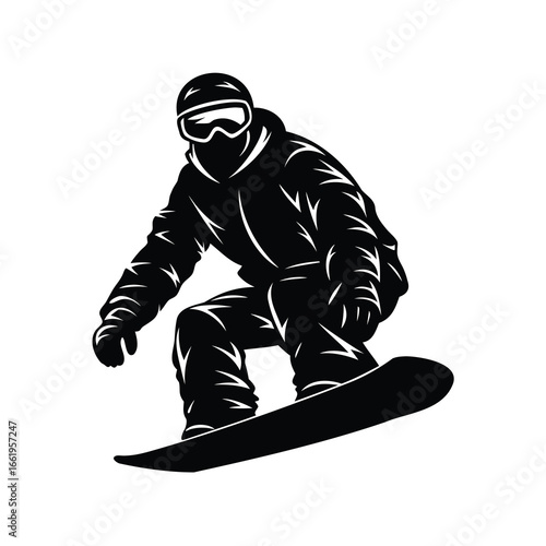 A black and white illustration of a snowboarder shredding the snow